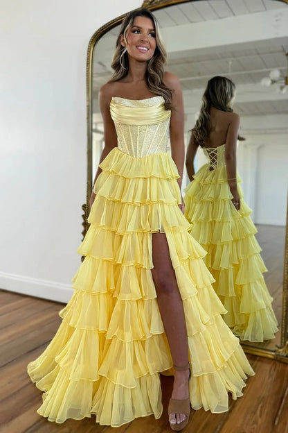 Gorgeous A Line Strapless Daffodil Tiered Chiffon Prom Evening Dresses with Hot Stone