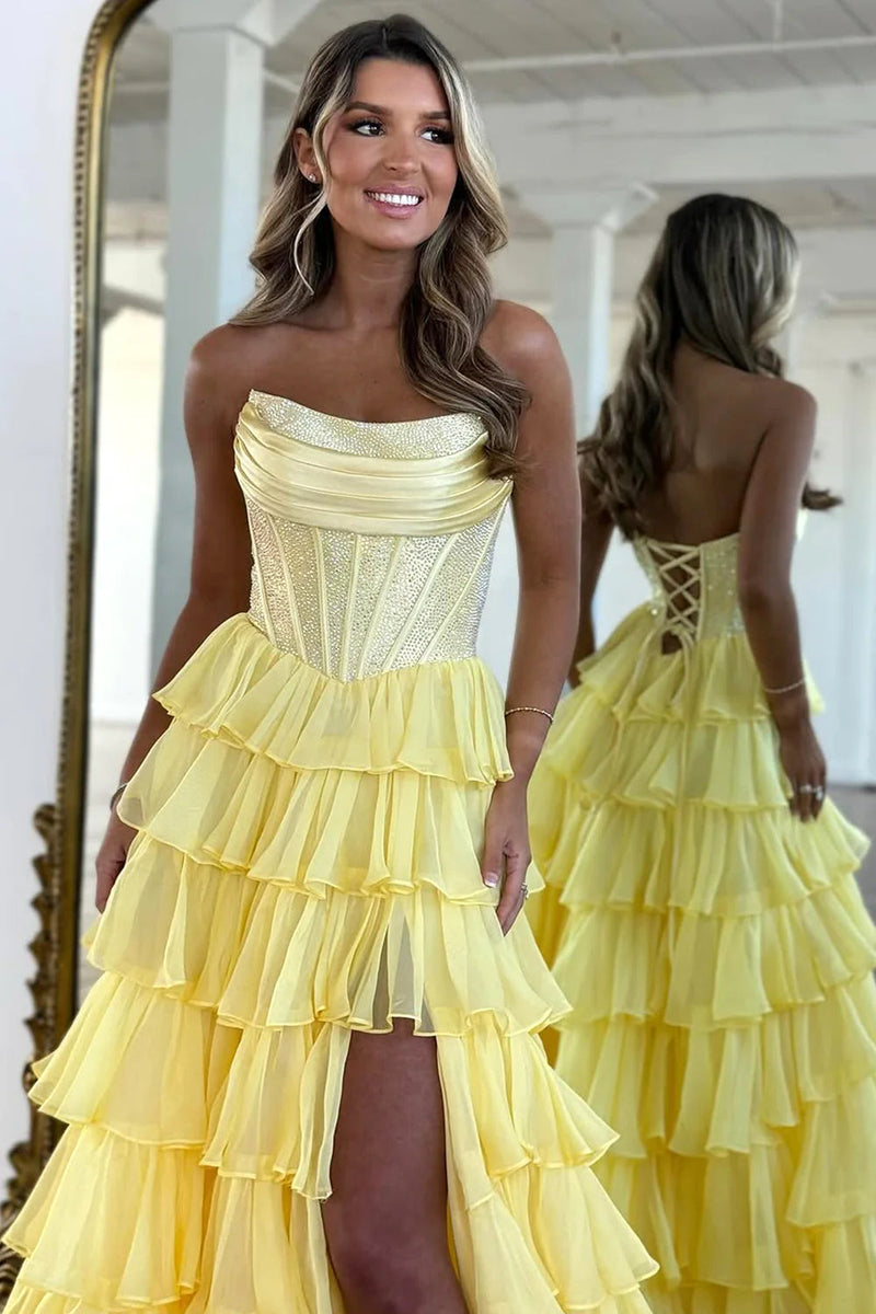 Gorgeous A Line Strapless Daffodil Tiered Chiffon Prom Evening Dresses with Hot Stone