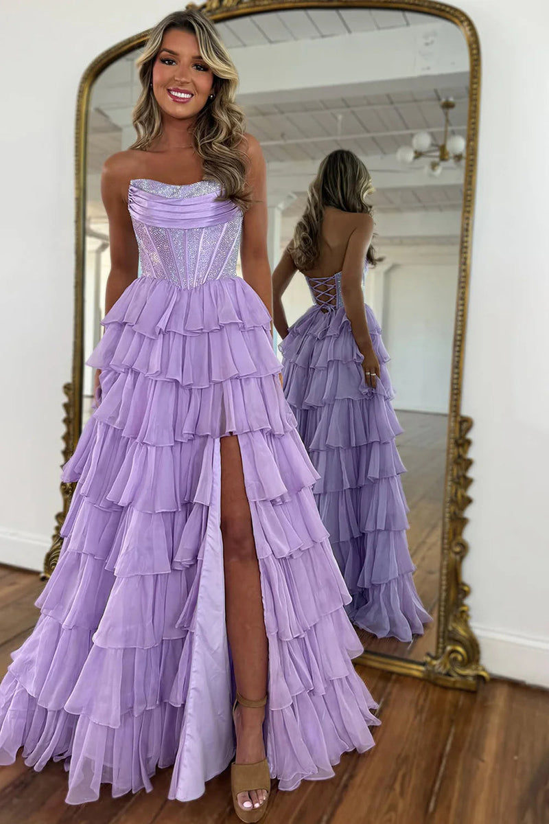 Gorgeous A Line Strapless Daffodil Tiered Chiffon Prom Evening Dresses with Hot Stone