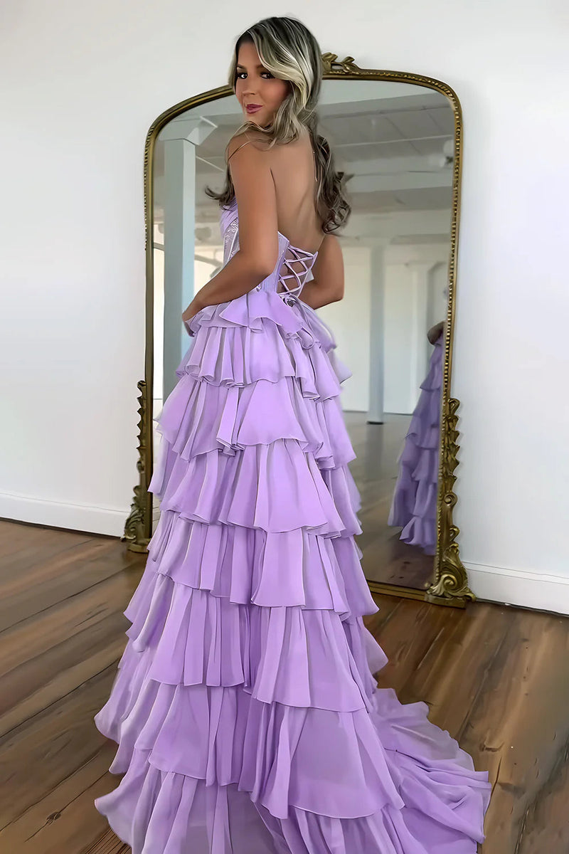 Gorgeous A Line Strapless Daffodil Tiered Chiffon Prom Evening Dresses with Hot Stone