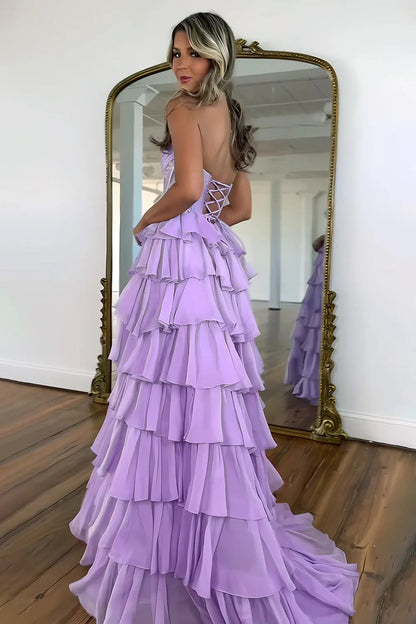 Gorgeous A Line Strapless Daffodil Tiered Chiffon Prom Evening Dresses with Hot Stone