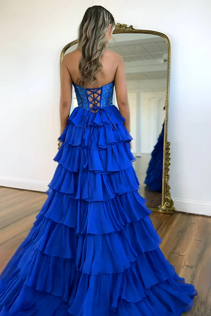 Gorgeous A Line Strapless Daffodil Tiered Chiffon Prom Evening Dresses with Hot Stone