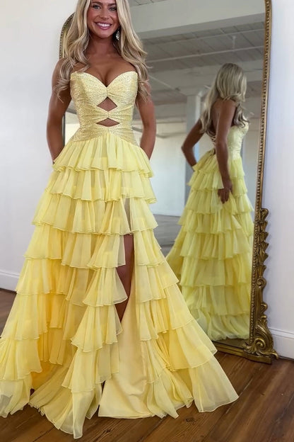 Gorgeous A-Line Sweetheart Chiffon Tiered Prom Dress with Hot Stone