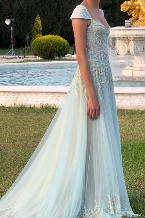 Gorgeous A Line Sweetheart Light Green Long Prom Dress with Appliques