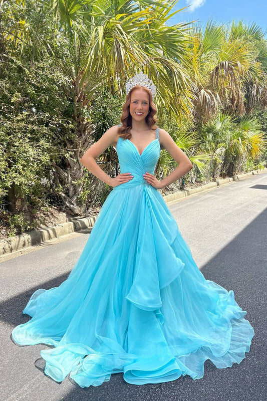 Gorgeous A Line V Neck Aqua Chiffon Long Prom Dress with Beading
