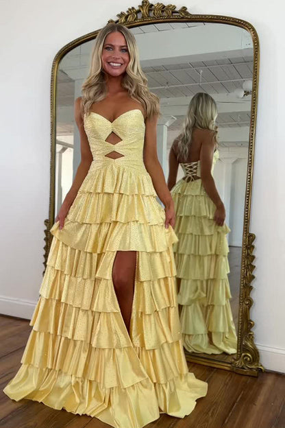 Gorgeous A Line V Neck Daffodil Tiered Long Prom Dress with Rhinestones