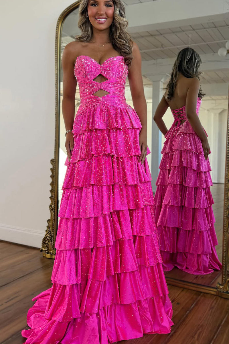 Gorgeous A Line V Neck Daffodil Tiered Long Prom Dress with Rhinestones