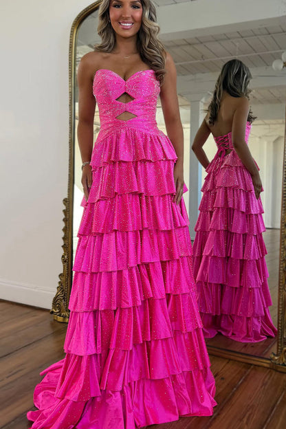 Gorgeous A Line V Neck Daffodil Tiered Long Prom Dress with Rhinestones