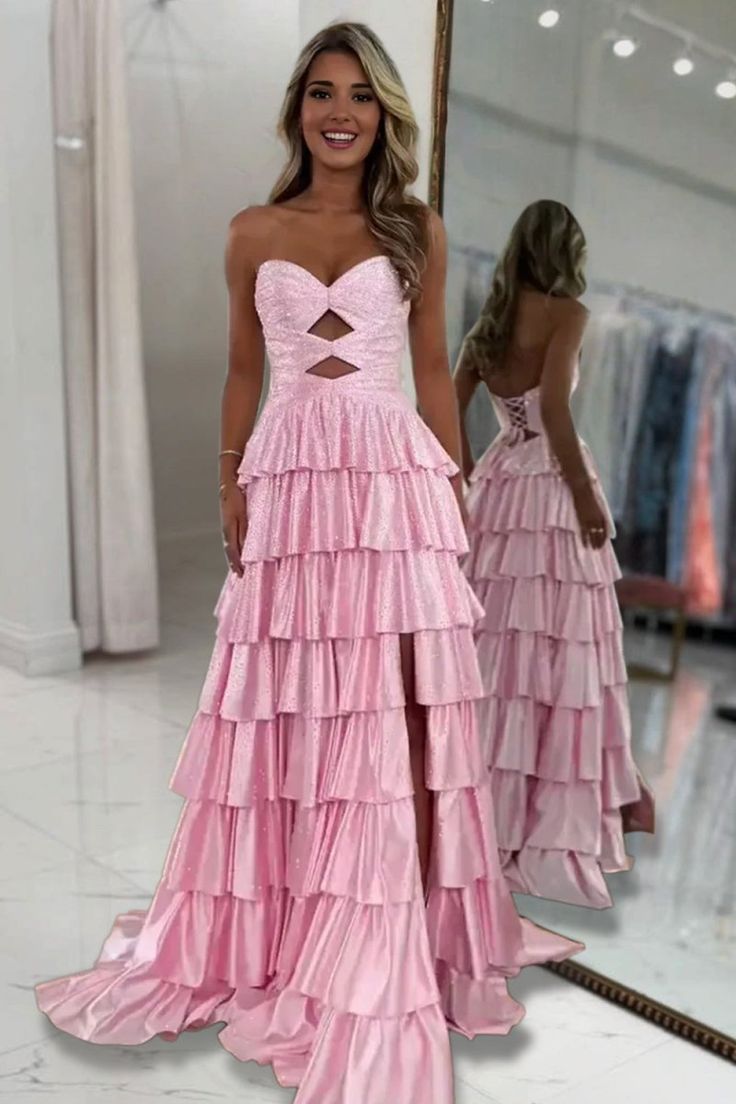 Gorgeous A Line V Neck Daffodil Tiered Long Prom Dress with Rhinestones