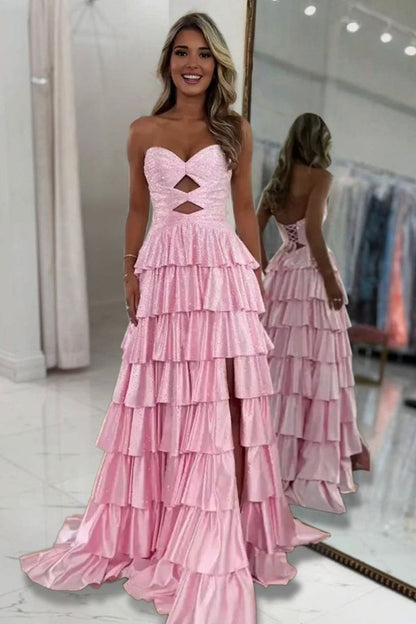 Gorgeous A Line V Neck Daffodil Tiered Long Prom Dress with Rhinestones