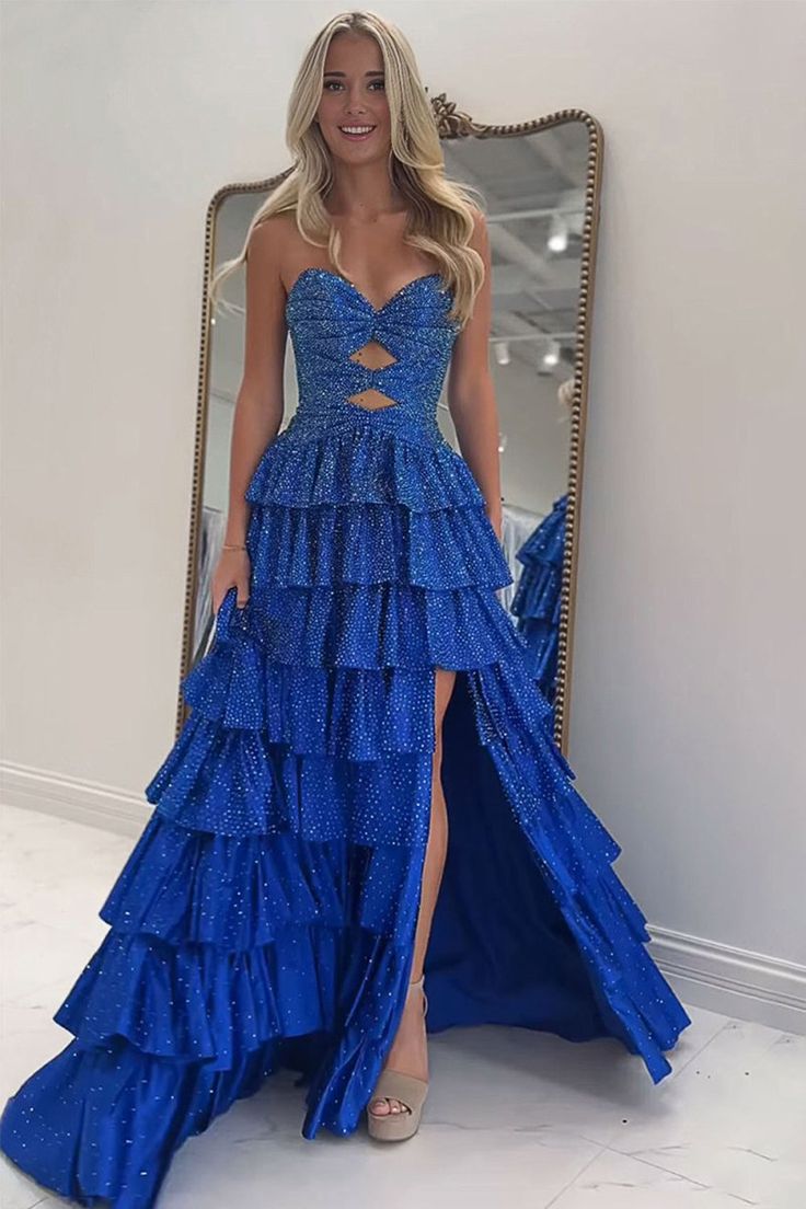 Gorgeous A Line V Neck Daffodil Tiered Long Prom Dress with Rhinestones