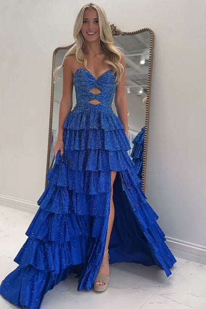 Gorgeous A Line V Neck Daffodil Tiered Long Prom Dress with Rhinestones
