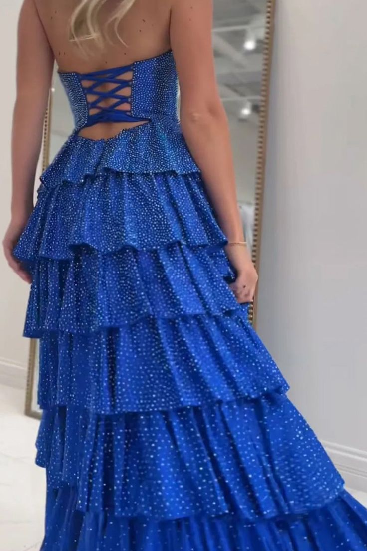 Gorgeous A Line V Neck Daffodil Tiered Long Prom Dress with Rhinestones