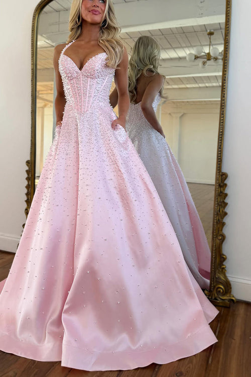 Gorgeous A Line V Neck Pink Long Prom Dress with Beading