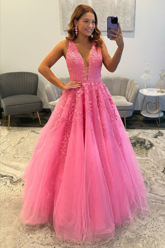 Gorgeous A Line V Neck Pink Tulle Prom Dress with Appliques