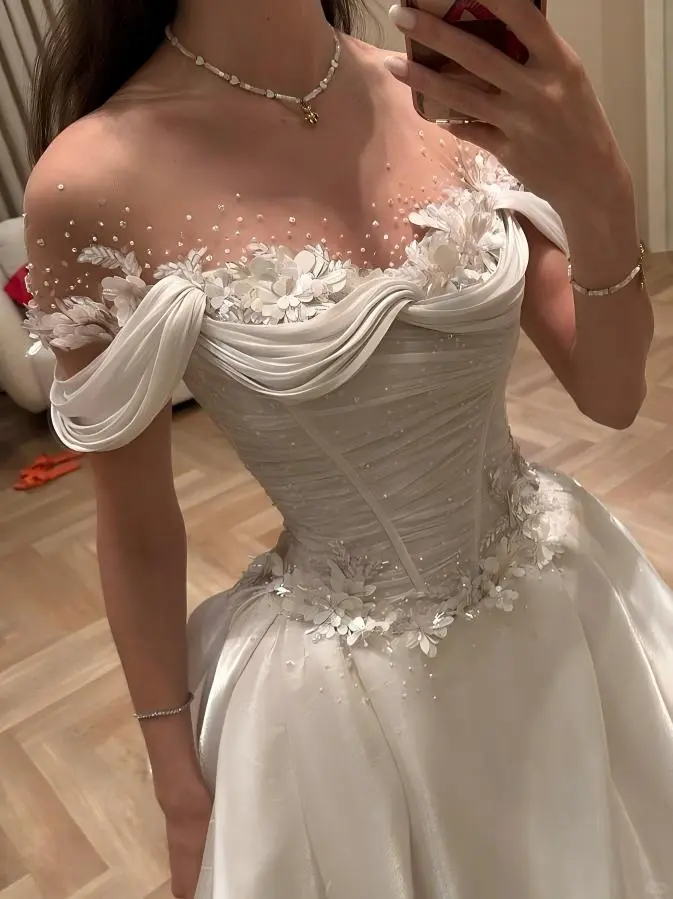 Gorgeous Ball Gown Off The Shoulder Satin Beads Flowers Long Wedding Dresses