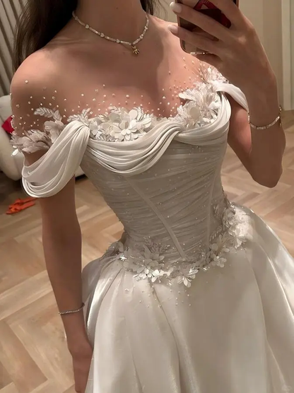Gorgeous Ball Gown Off The Shoulder Satin Beads Flowers Long Wedding Dresses