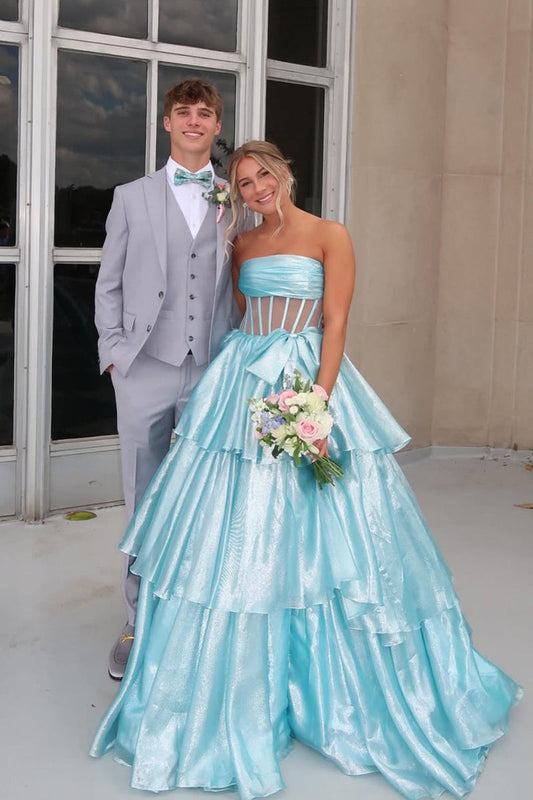 Gorgeous Ball Gown Strapless Aqua Tiered Organza Prom Gown with Bow