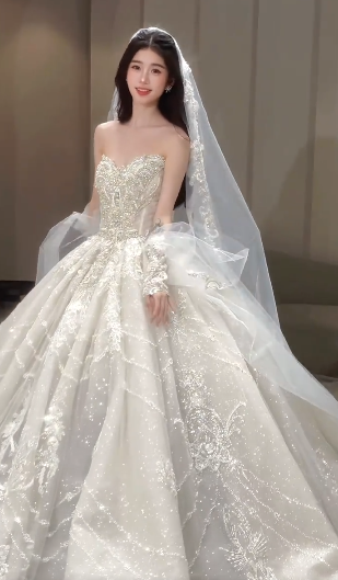 Gorgeous Ball Gown Strapless Tulle Sequin Beaded With Veil Gloves Long Wedding Dresses