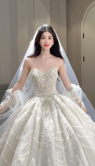 Gorgeous Ball Gown Strapless Tulle Sequin Beaded With Veil Gloves Long Wedding Dresses