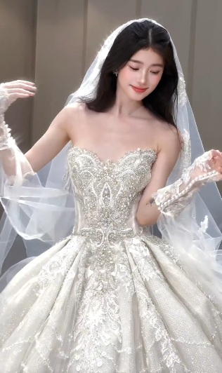 Gorgeous Ball Gown Strapless Tulle Sequin Beaded With Veil Gloves Long Wedding Dresses