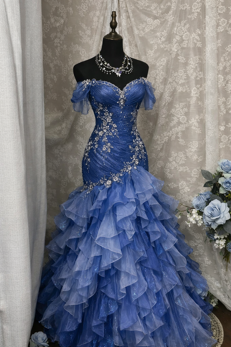 Gorgeous Blue Prom Dress Off-shoulder Tulle Sheath Birthday Dress Sleeveless Evening Dress
