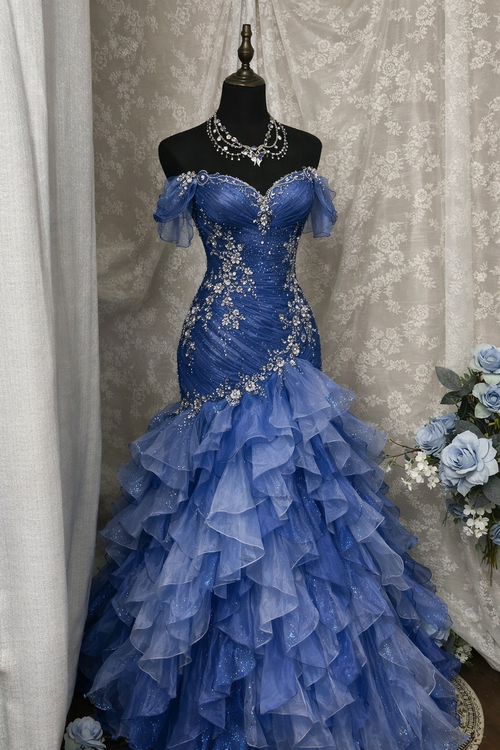 Gorgeous Blue Prom Dress Off-shoulder Tulle Sheath Birthday Dress Sleeveless Evening Dress