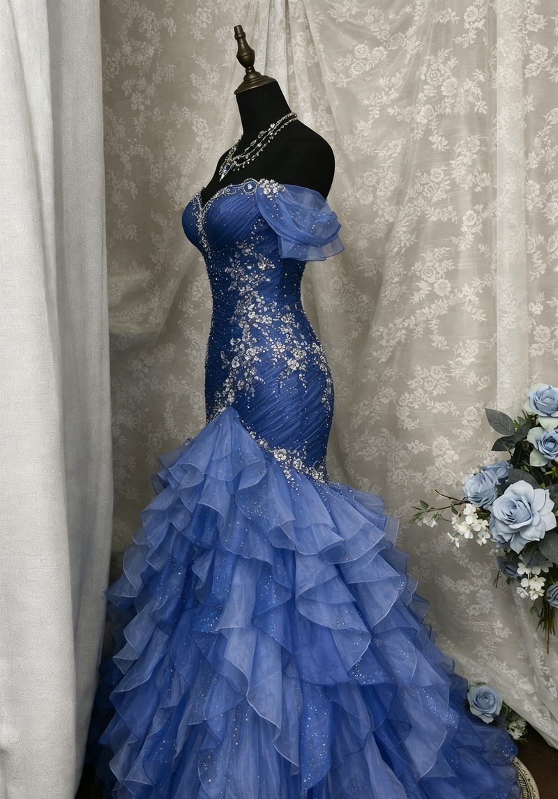 Gorgeous Blue Prom Dress Off-shoulder Tulle Sheath Birthday Dress Sleeveless Evening Dress