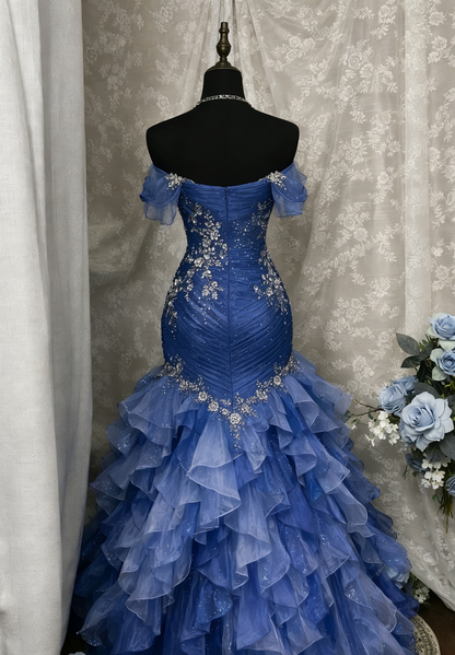 Gorgeous Blue Prom Dress Off-shoulder Tulle Sheath Birthday Dress Sleeveless Evening Dress