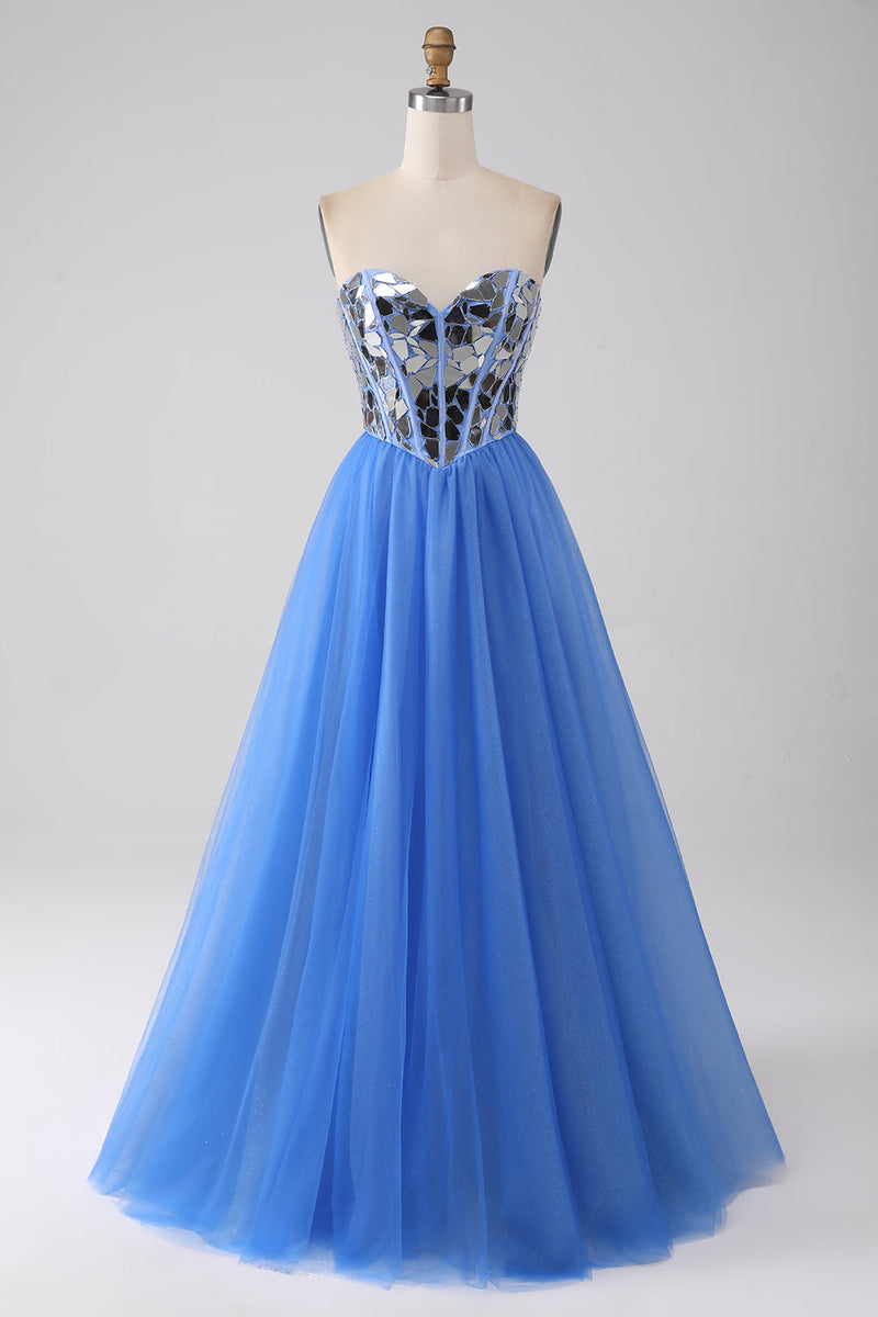Gorgeous Blue Straplessn-tied Tulle Sleeveless Prom Dress