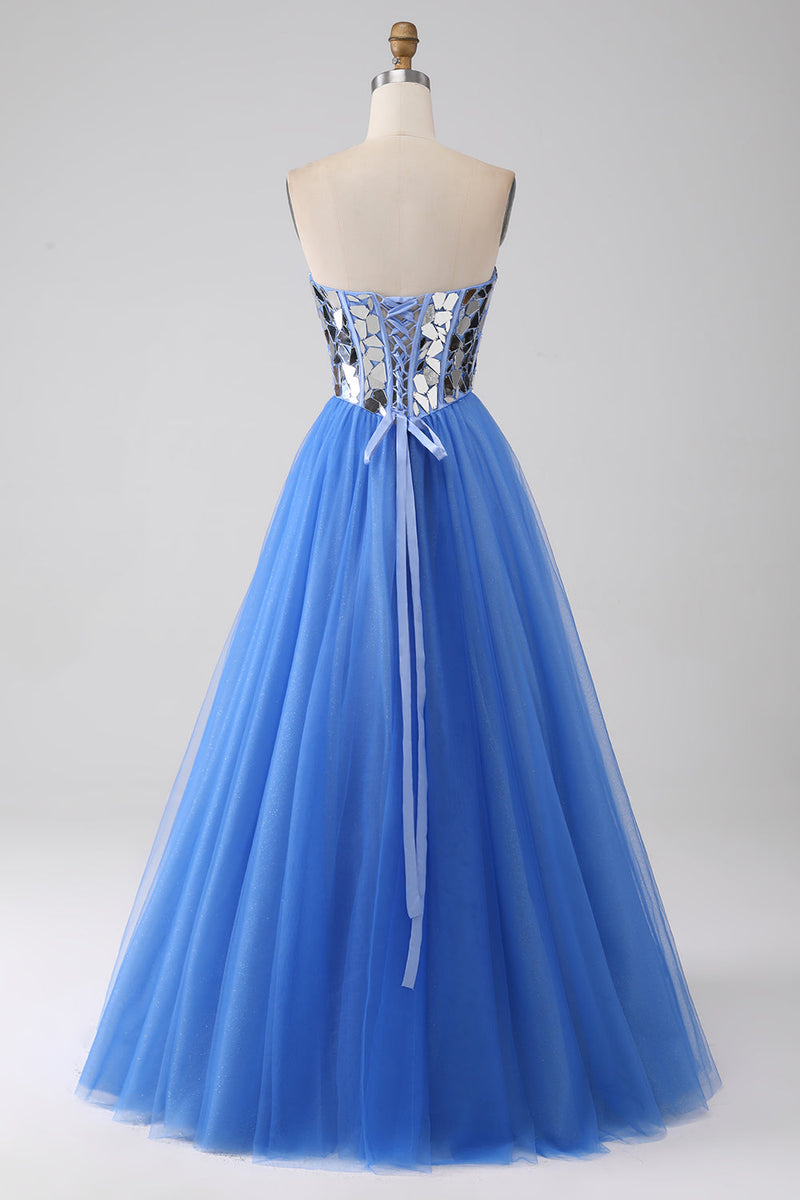 Gorgeous Blue Straplessn-tied Tulle Sleeveless Prom Dress