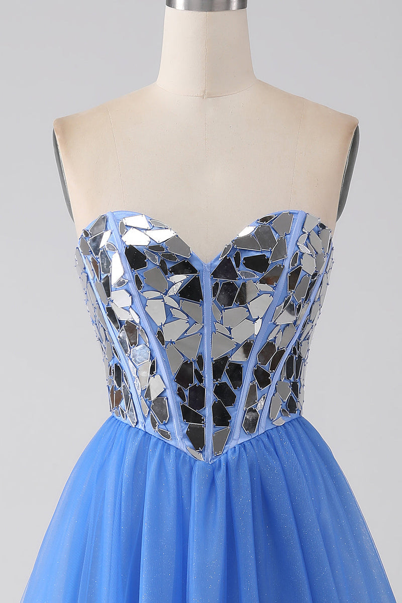 Gorgeous Blue Straplessn-tied Tulle Sleeveless Prom Dress