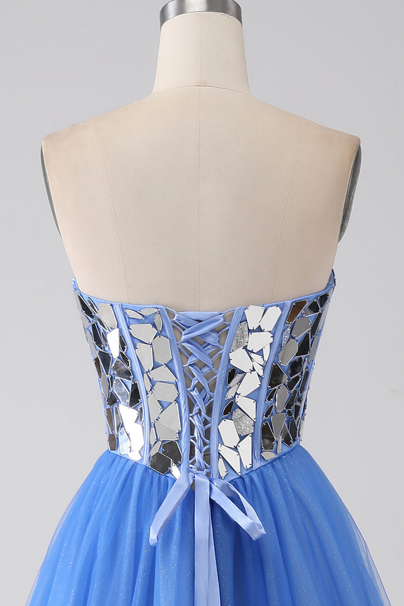 Gorgeous Blue Straplessn-tied Tulle Sleeveless Prom Dress