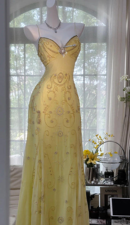 Gorgeous Yellow Spaghetti Strap A-line Tulle Beaded Long Prom Dresses Backless Evening Dress