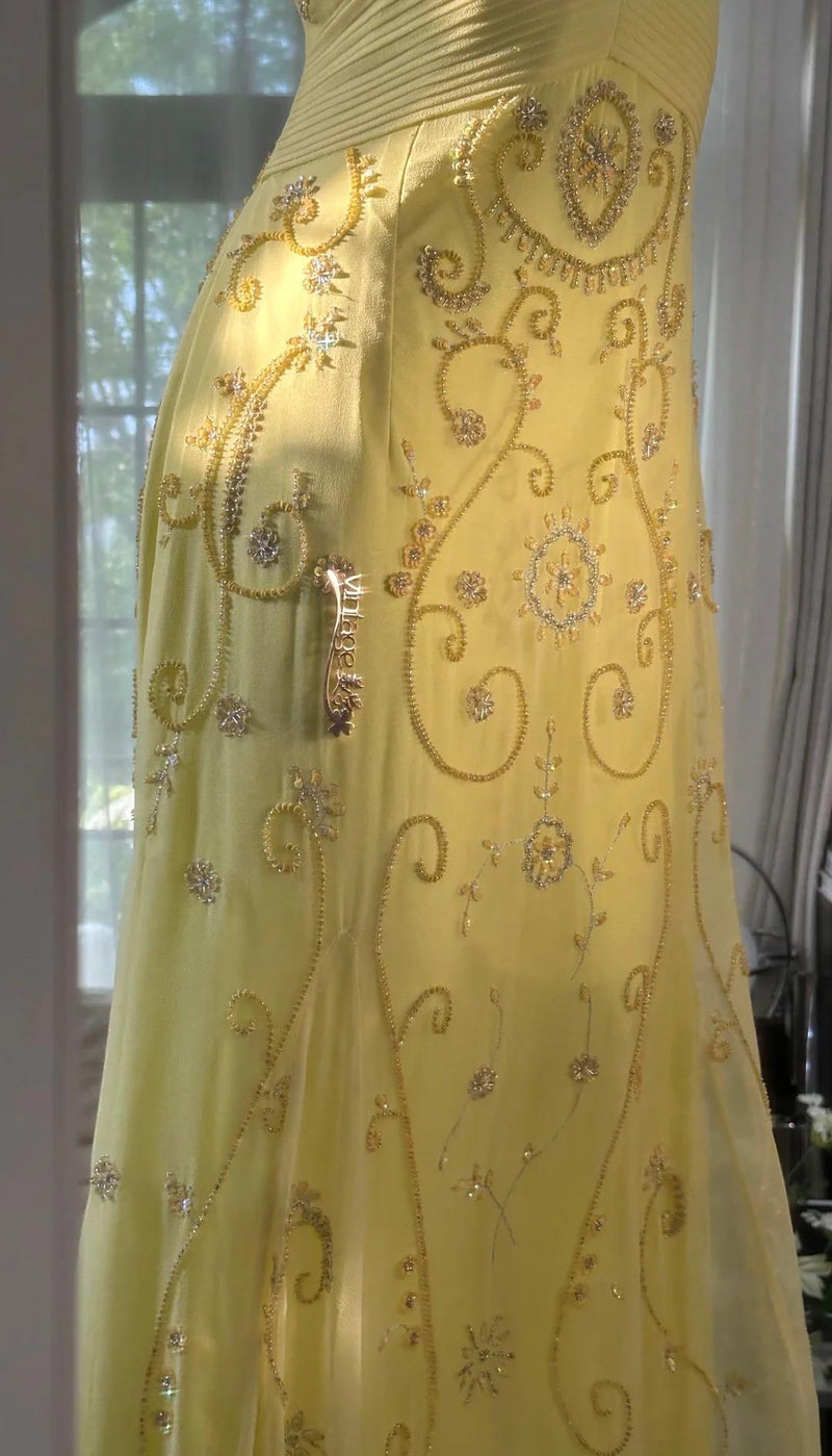 Gorgeous Yellow Spaghetti Strap A-line Tulle Beaded Long Prom Dresses Backless Evening Dress