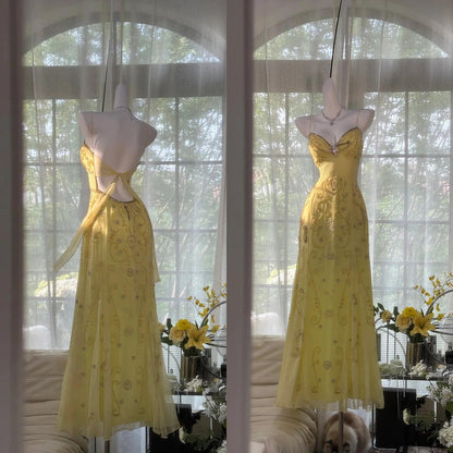 Gorgeous Butter Yellow Spaghetti Straps A-line Tulle Beaded Long Prom Dresses Backless Evening Gowns