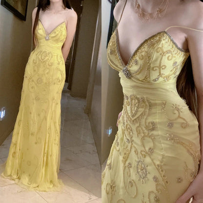 Gorgeous Butter Yellow Spaghetti Straps A-line Tulle Beaded Long Prom Dresses Backless Evening Gowns