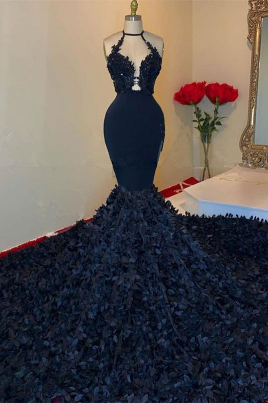 Gorgeous Dark Navy Halter V-Neck Mermaid Prom Dress with Appliques