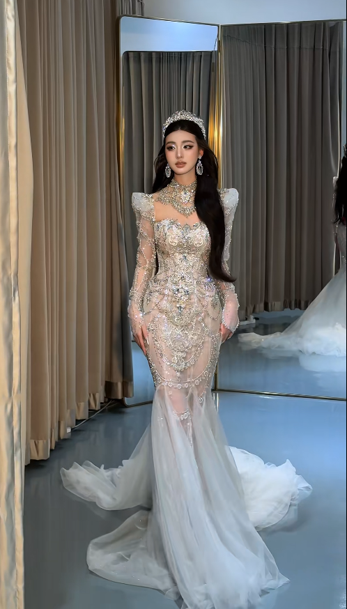 Gorgeous High Neck Mermaid Long Wedding Dresses Beaded Tulle Bridal Gowns