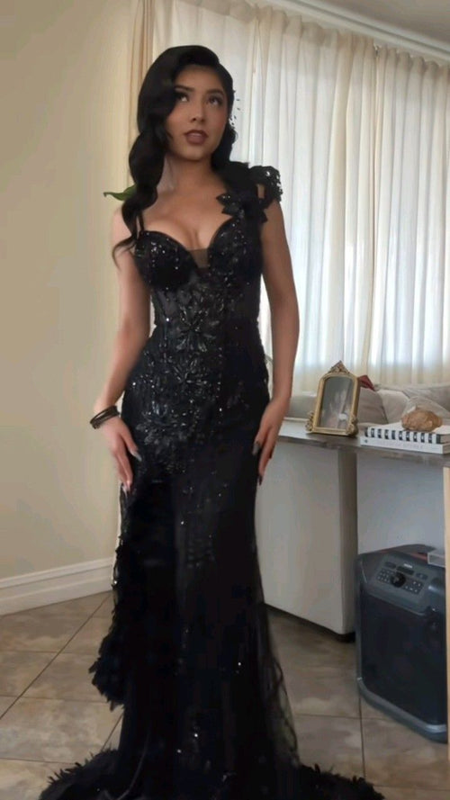 Gorgeous Mermaid Blacktti Straps Tulle Sequin Slit Without Sleeves Long Prom Dress,Evening Dress