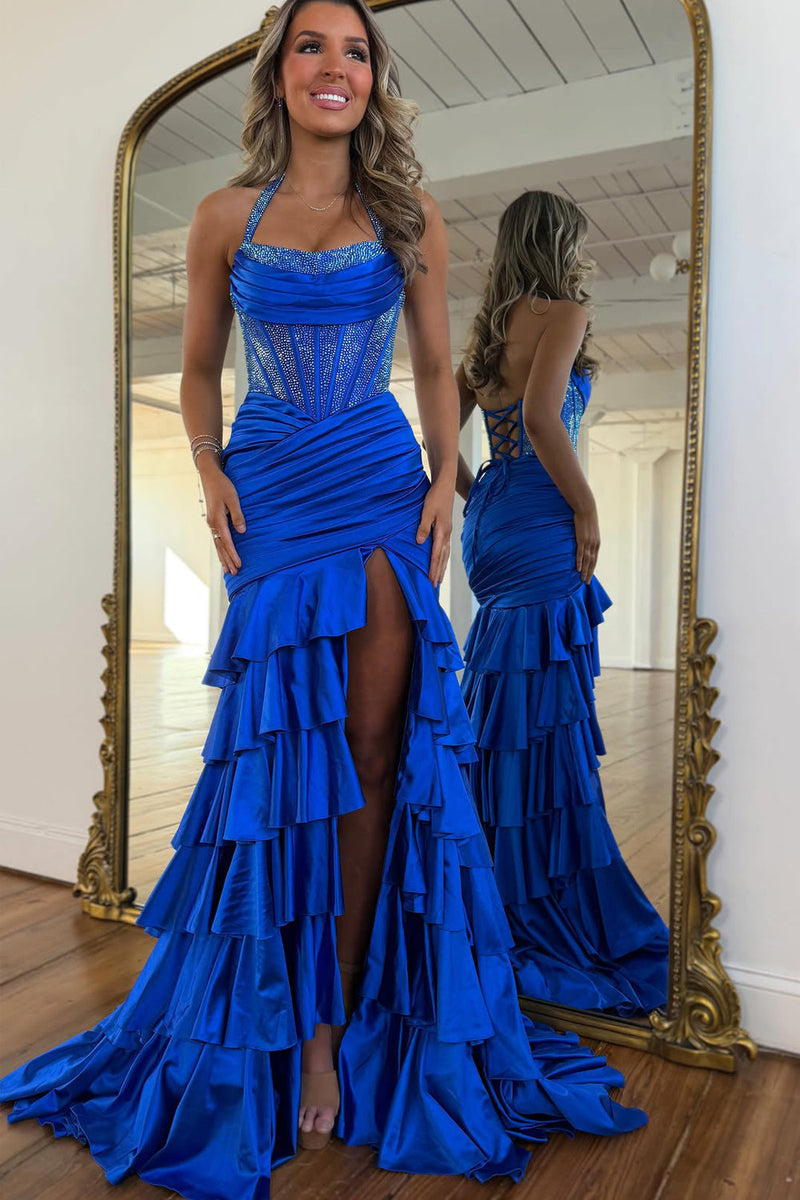 Gorgeous Mermaid Scoop Neck Royal Blue Satin Tiered Long Prom Dress