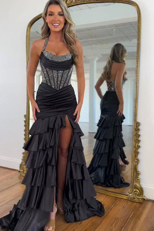 Gorgeous Mermaid Scoop Neck Satin Tiered Prom Dress with Hot Stone