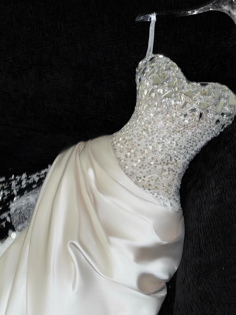 Gorgeous Mermaid Spaghetti Straps Satin Sequin Beads Long Wedding Dresses
