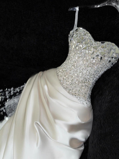 Gorgeous Mermaid Spaghetti Straps Satin Sequin Beads Long Wedding Dresses