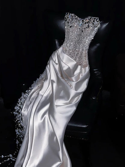 Gorgeous Mermaid Spaghetti Straps Satin Sequin Beads Long Wedding Dresses