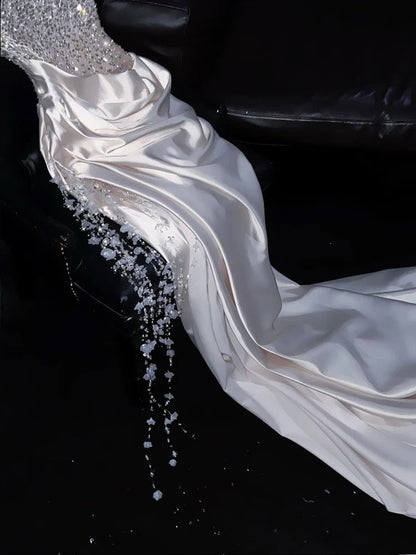 Gorgeous Mermaid Spaghetti Straps Satin Sequin Beads Long Wedding Dresses