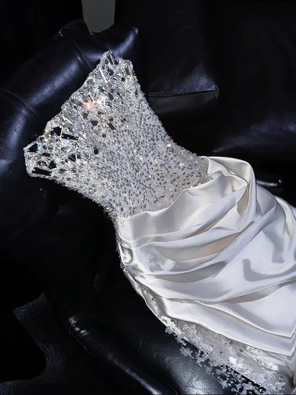 Gorgeous Mermaid Spaghetti Straps Satin Sequin Beads Long Wedding Dresses