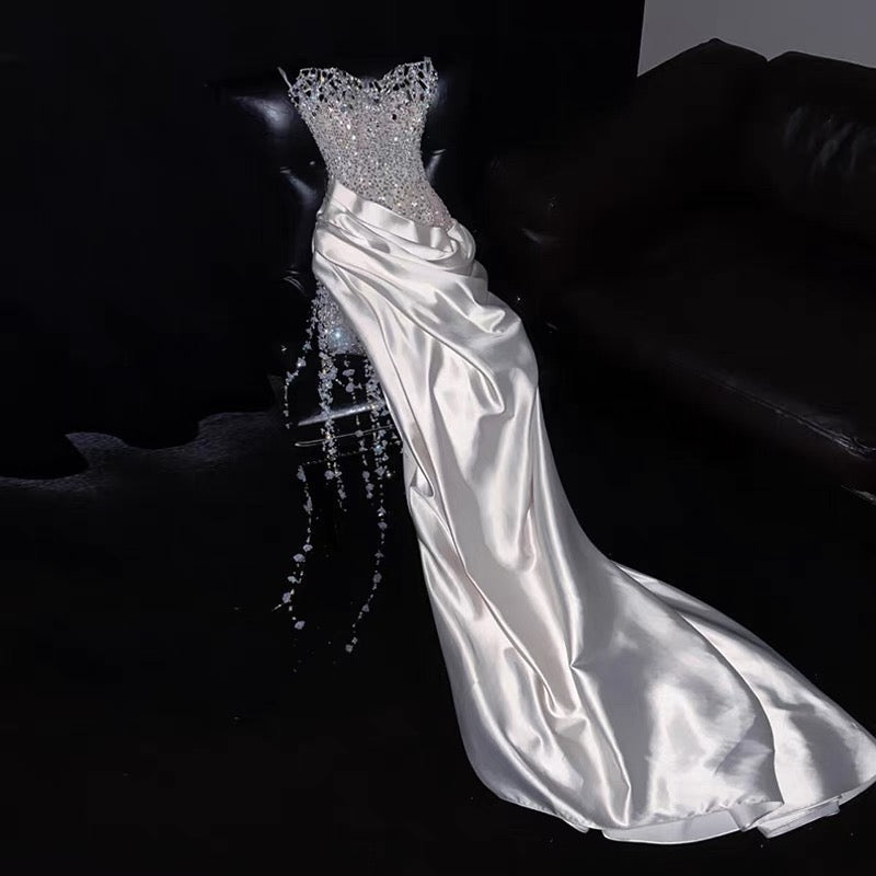 Gorgeous Mermaid Spaghetti Straps Satin Sequin Beads Long Wedding Dresses