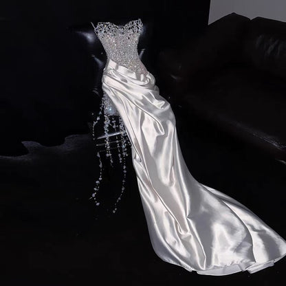 Gorgeous Mermaid Spaghetti Straps Satin Sequin Beads Long Wedding Dresses