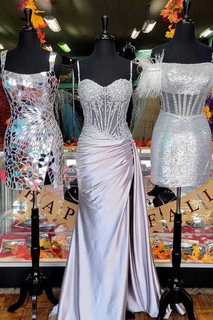 Gorgeous Mermaid Spaghetti Straps Silver Glitter Prom Dress with Split Slit